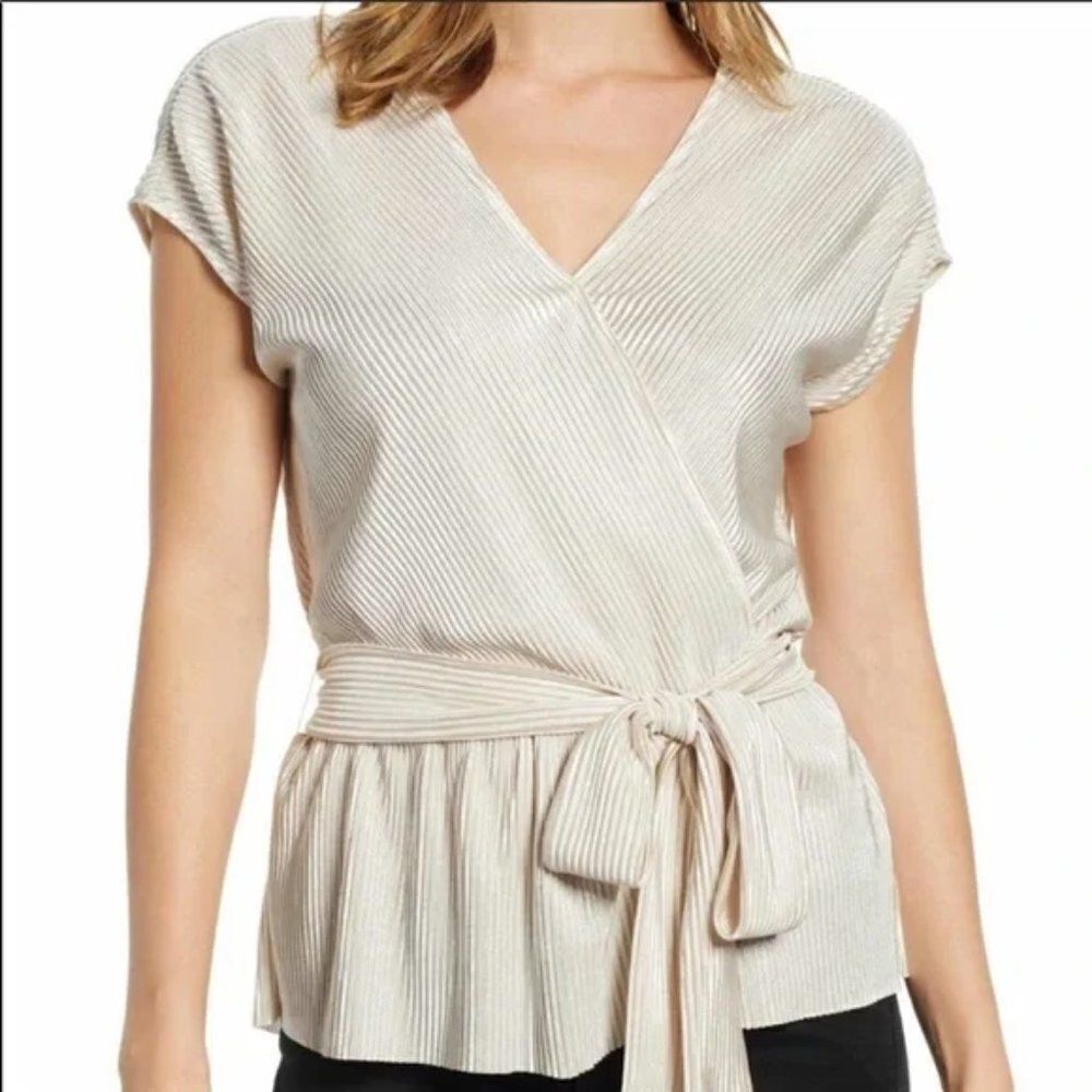 Gibson x Glam Squad Plissé Faux Wrap Top - size Medium in Champagne Gold